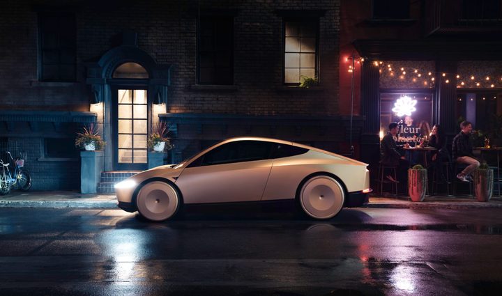 Tesla Cybercab side profile at night