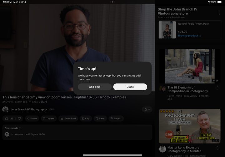 The YouTube sleep timer as seen on an iPad.