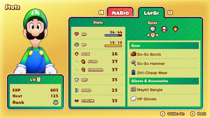The luigi stat screen in Mario & Luigi: Brothership.