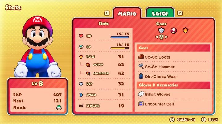 The stat screen in Mario & Luigi: Brothership.