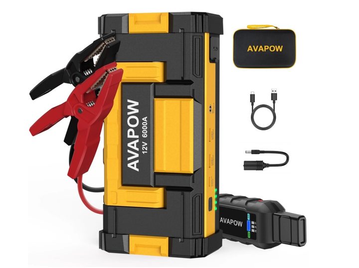 The Avapow W68 car battery jump starter and its accessories.