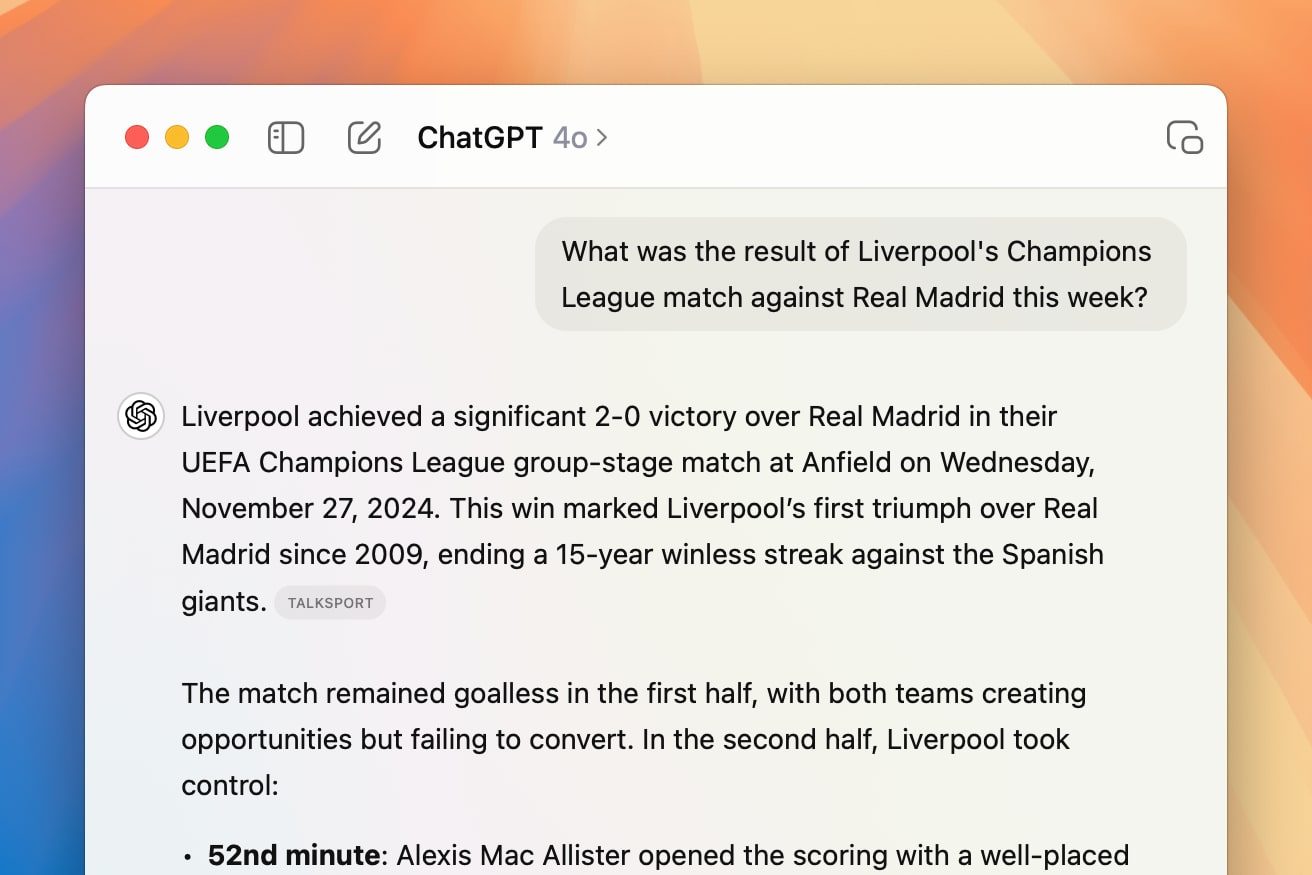 The ChatGPT Mac app running in macOS Sequoia.