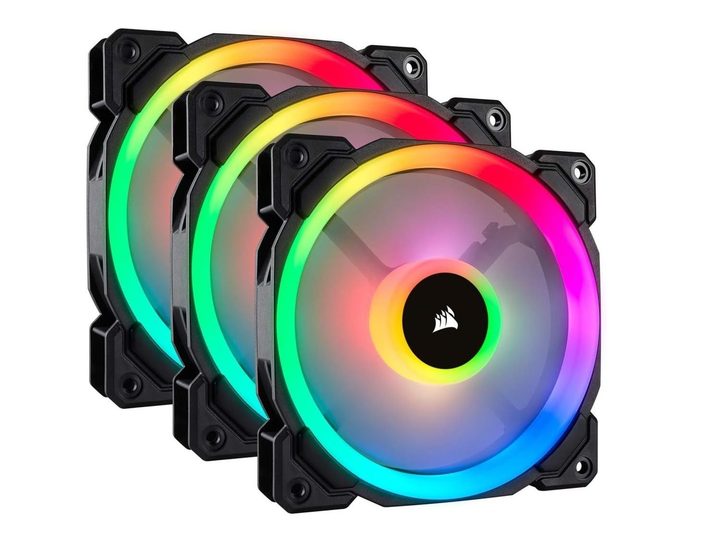Three Corsair LL120 cooling fans with RGB lights.