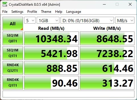 CrystalDiskMark results for the Corsair MP700 Elite SSD.