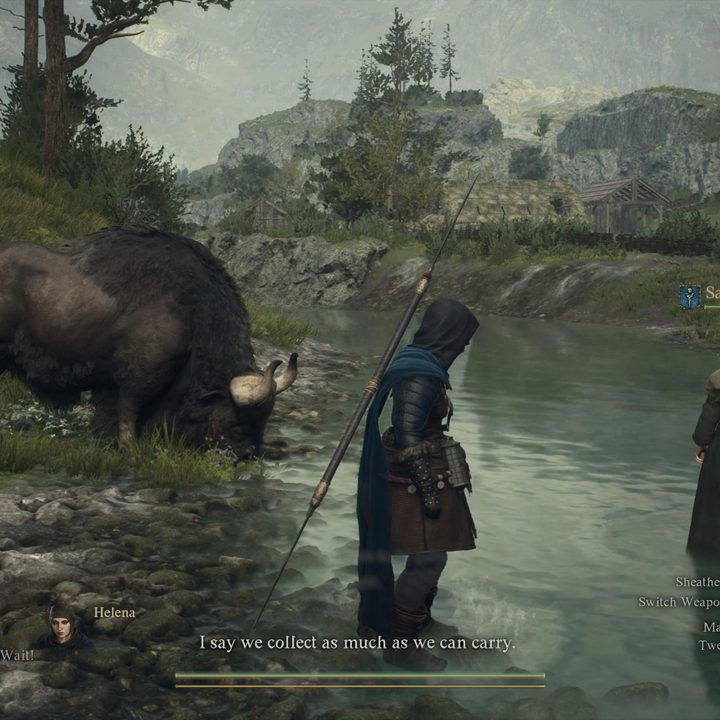 A Dragon's Dogma 2 character stands in a river as the game runs on PS5.