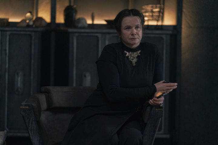 Emily Watson sits in a chair in Dune: Prophecy.