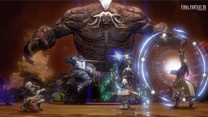 A Final Fantasy 14 party readying attacks against a giant brown monster.