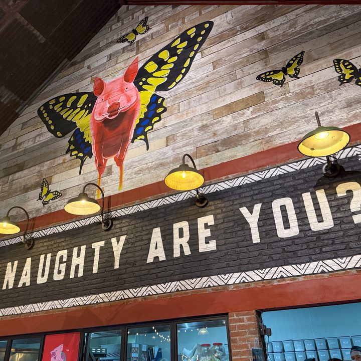 A photo of a mural at Naughty Nuri's BBQ in Bali captured on the iPhone 16 Pro