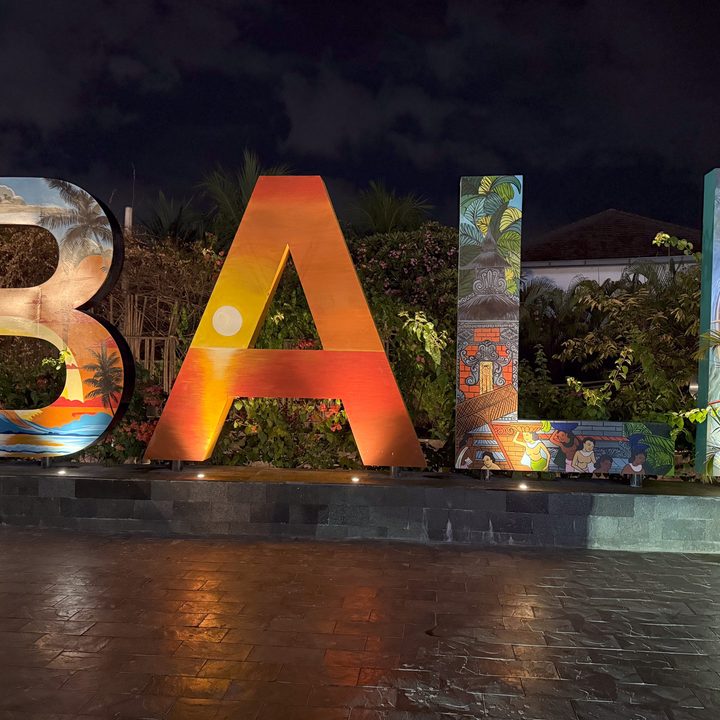 A colorful lit up sign saying Bali captured on the iPhone 16 Pro