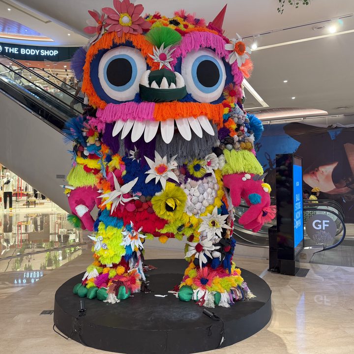 A colorful installation in a shopping mall captured on the iPhone 16 Pro