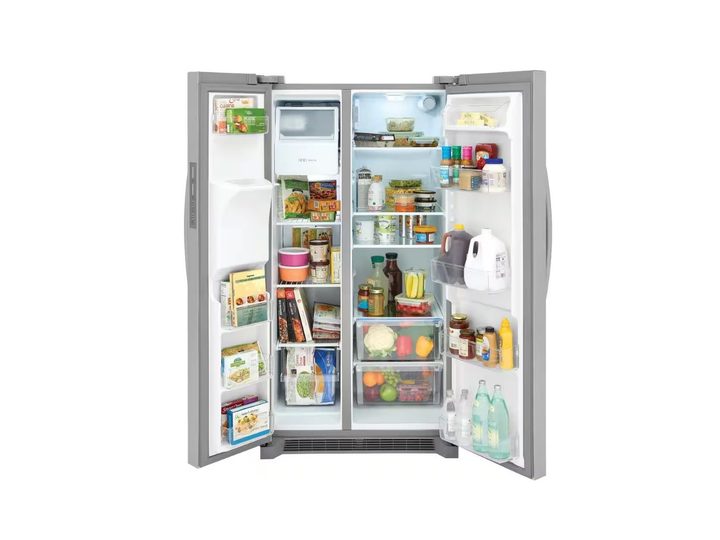 The Frigidaire Side by Side Refrigerator in Stainless Steel with doors wide open.