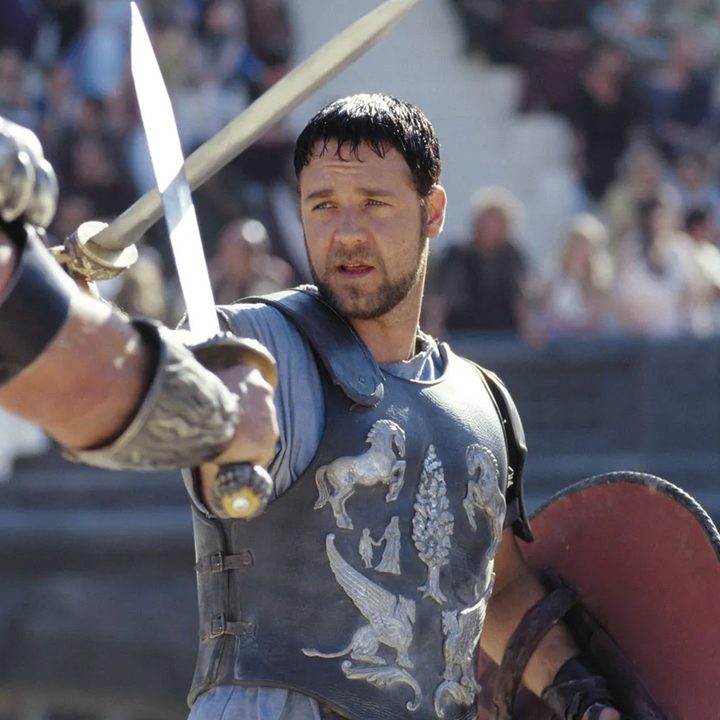 Russell Crowe wields a blade in a still from the movie Gladiator.