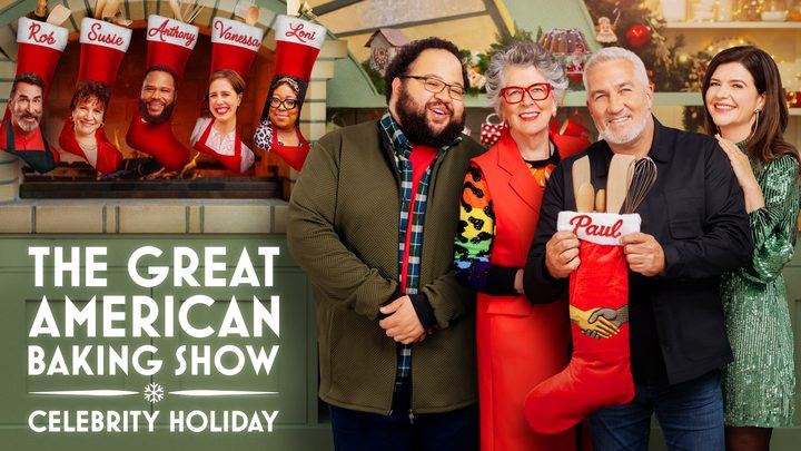 Two hosts and two judges stand next to stockings.