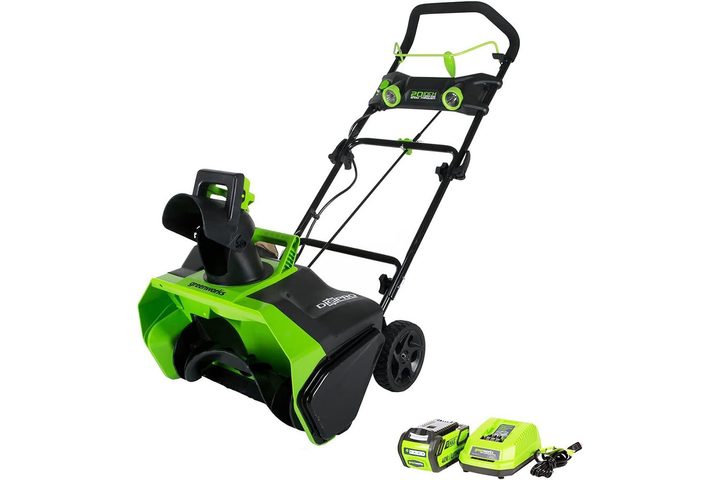 The Greenworks 40V 20-inch Brushless Cordless Snow Blower on a white background.