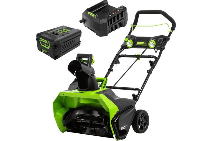 The Greenworks 60V 20-inch Brushless Cordless Snow Blower on a white background.