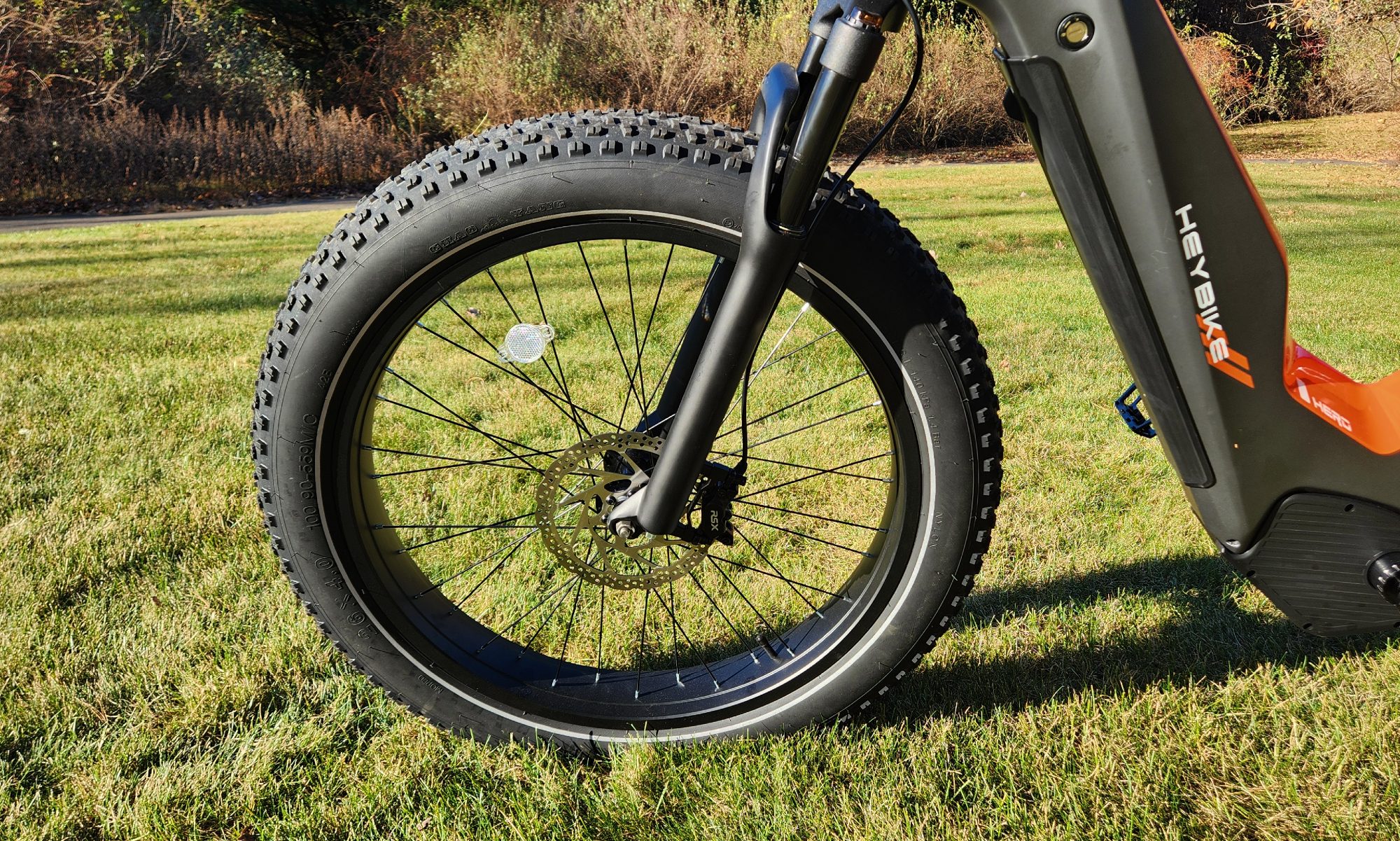 HeyBike Hero e-bike 26 x 4 front tire and RSX hydraulic disc brake with 180mm disc rotor.