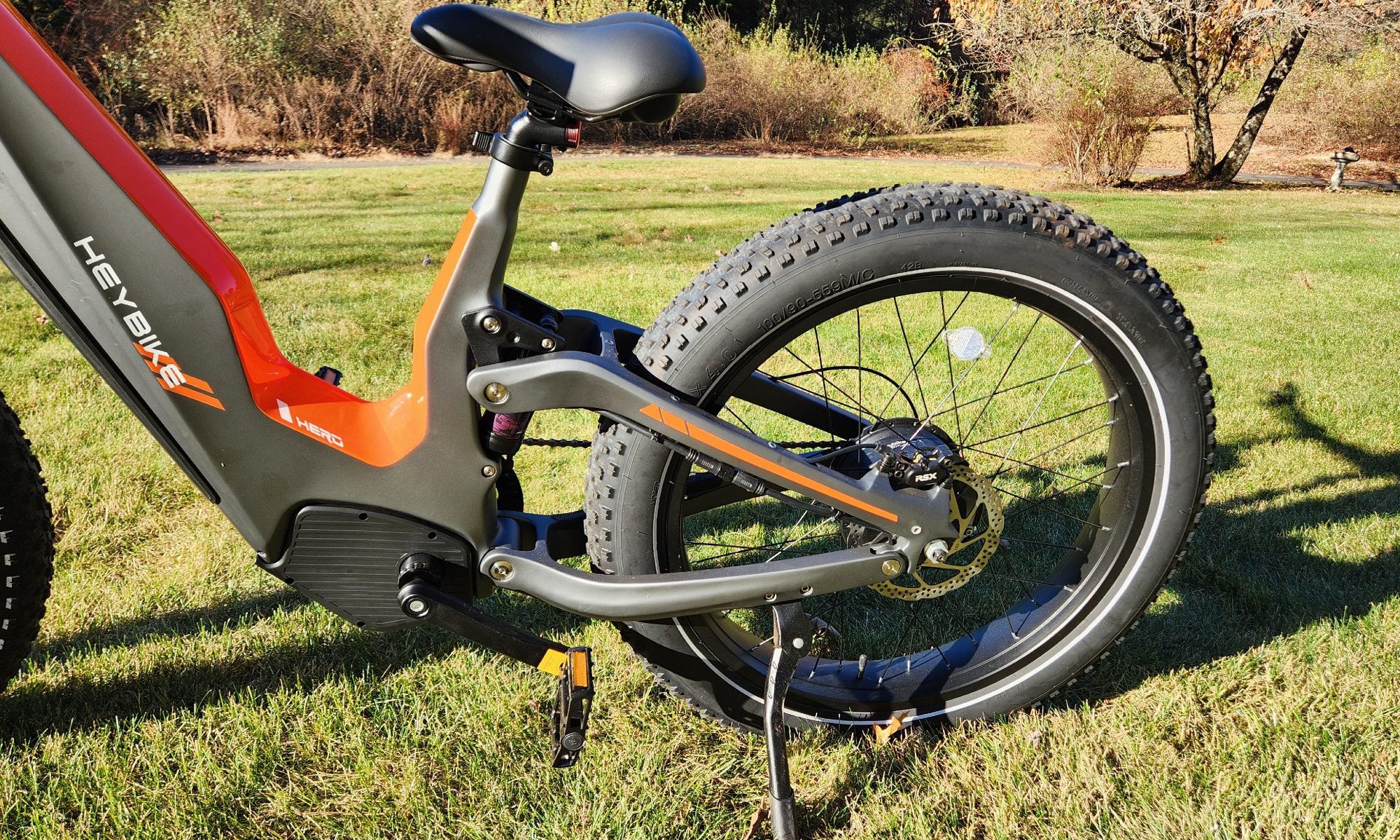 HeyBike Hero e-bike 26 x 4 rear tire and RSX hydraulic disc brake with 180mm disc rotor.