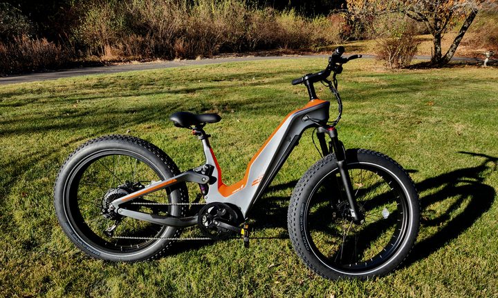 HeyBike Hero e-bike right profile shot parked on grass with brush and trees in the background.