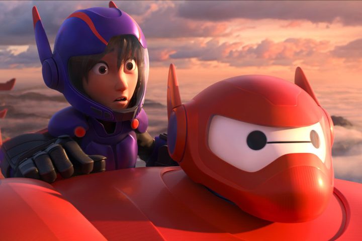Hiro clings to Baymax's back in Big Hero 6.