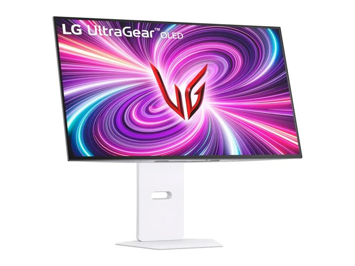 The LG UltraGear 32-inch OLED 4K monitor against a white background.