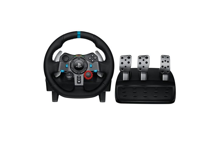 The Logitech G29 Driving Force Racing Wheel and Floor Pedals on a white background.