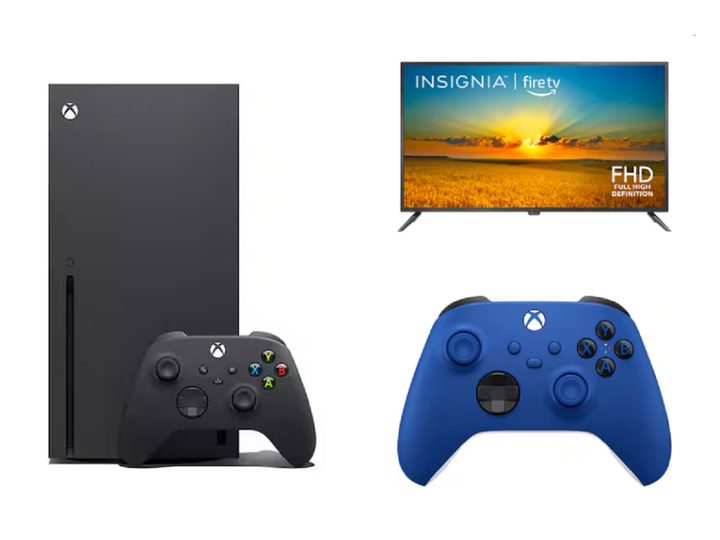 The Microsoft Xbox Series X + Xbox Wireless Controller + 42-inch Insignia F20 Series TV on a white background.