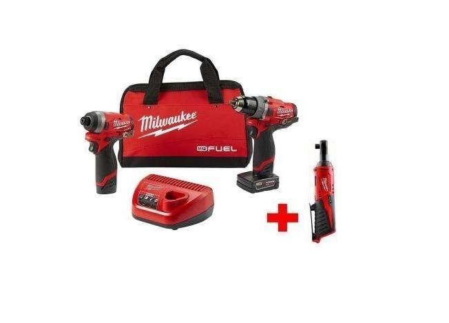 This kit includes Milwaukee M12 batteries, a charger, tool belt, drill, driver, and ratchet.