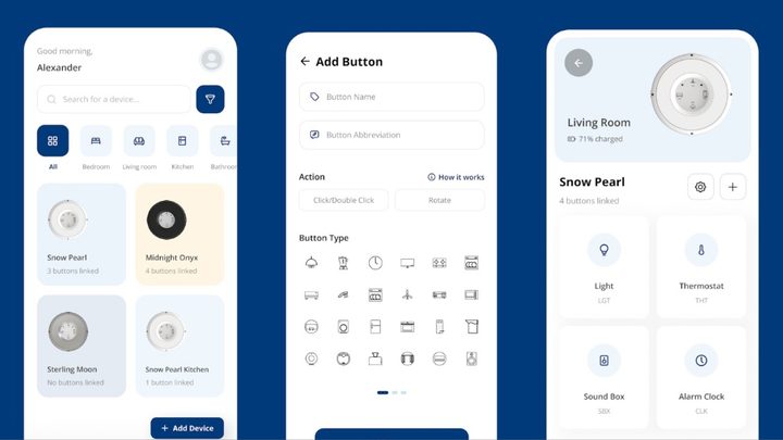Three screens of the Linxura mobile app.