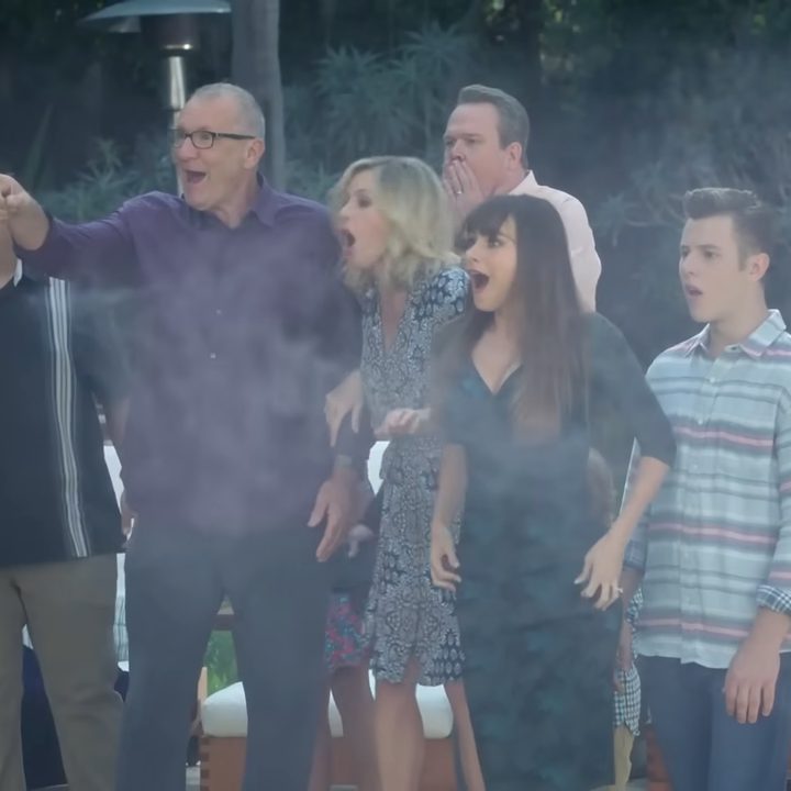 The cast of "Modern Family" looking surprised on Thanksgiving.