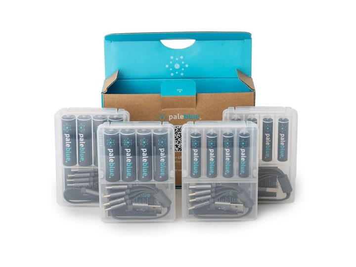The Pale Blue USB rechargeable smart battery bundle against a white background.
