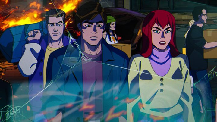 Peter Parker and Mary Jane Watson watch a chaotic scene in X-Men '97.