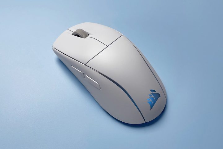 The Corsair M75 for Mac mouse against a blue background.