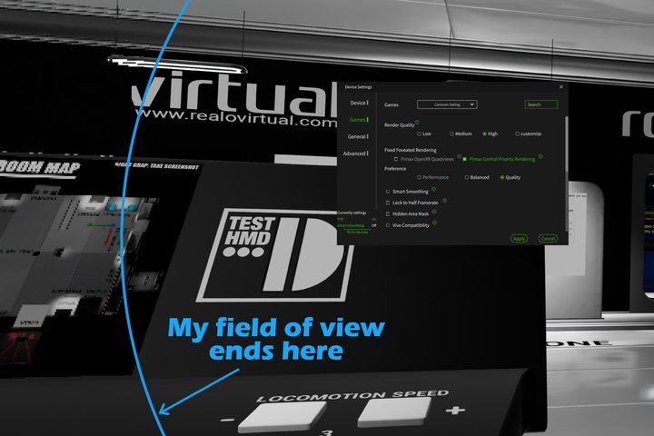 Pimax Crystal Light's fixed foveated rendering on quality mode starts reducing resolution beyond my field of view.