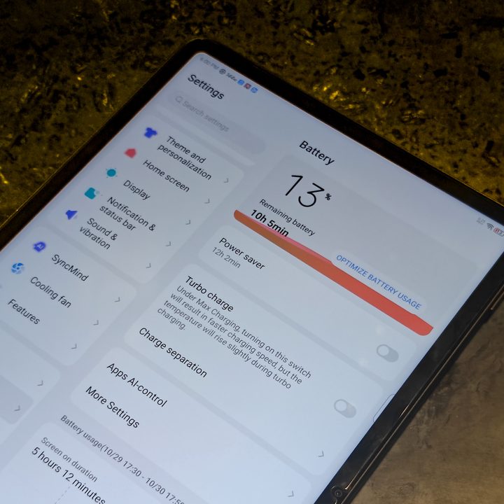 Battery settings on Red Magic Nova gaming tablet.