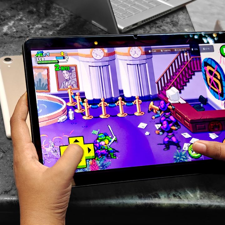Playing TMNT game on Red Magic Nova gaming tablet.