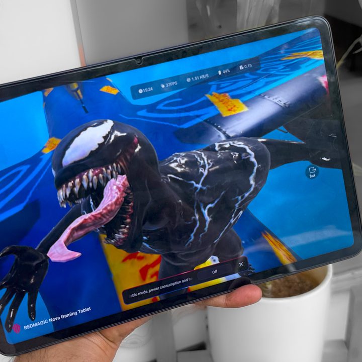 Viewing Venom skin in PUBG on Game plugins inside game space on Red Magic Nova gaming tablet.
