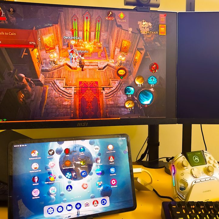 Wired casting on a monitor with Game plugins inside game space on Red Magic Nova gaming tablet.