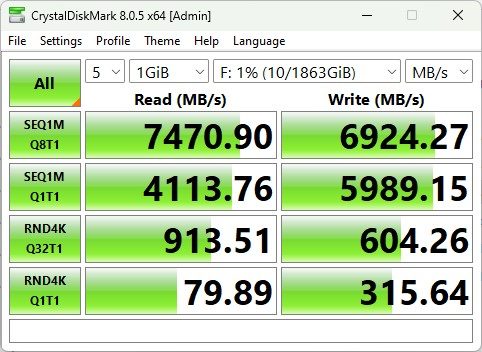 CrystalDiskMark results for the Samsung 990 Pro 2TB with heatsink.