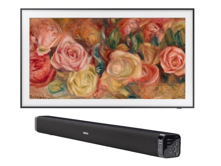 The Samsung The Frame QLED 4K TV with Deco Gear Home Theater Soundbar on a white background.
