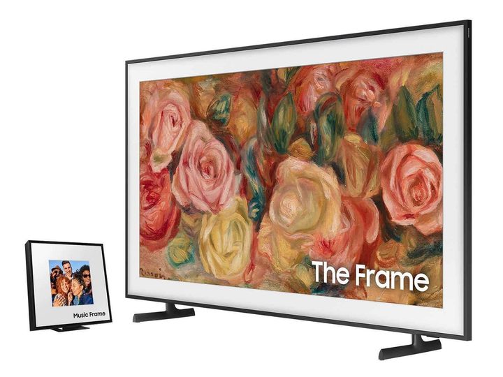 The Samsung The Frame QLED 4K TV and the Music Frame on a white background.
