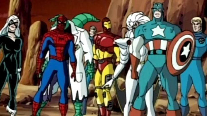 The assembled heroes of Secret Wars in Spider-Man: The Animated Series.