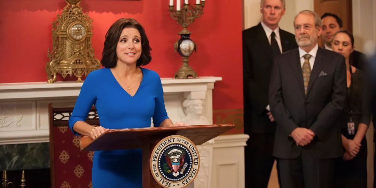 Selina Meyer makes a speech in Veep.