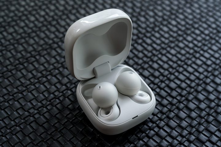 Sony LinkBuds Open open case with earbuds inside.
