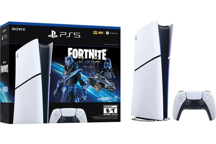 The Sony PS5 Digital Fortnite Bundle on a white abckground.