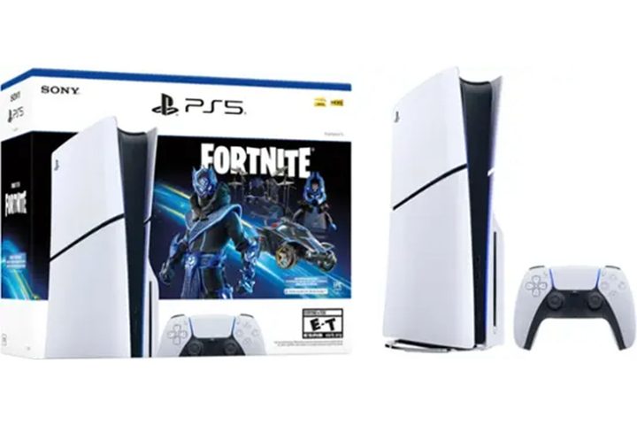 The Sony PlayStation 5 Slim Fortnite Bundle on a white background.