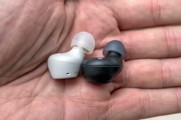 Sony WF-C510 next to WF-C500 left earbud comparing size.