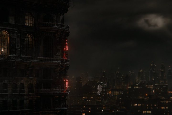 The Bat Signal shines in the sky in The Penguin's finale.