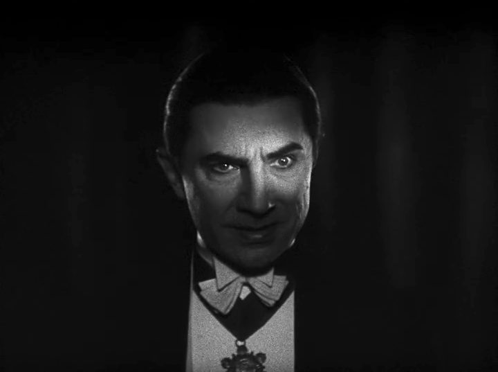 A close-up of Count Dracula's face in "Dracula" (1931).