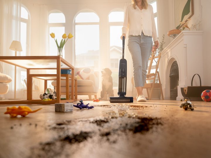 Tineco FLOOR ONE S5 Blue used to clean up huge floor mess