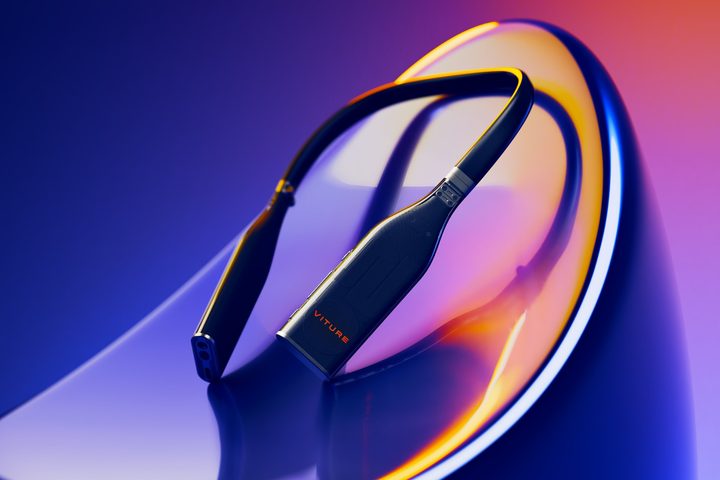 Viture's Pro Neckband appears on a colorful background